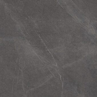 Polished stone texture in dark grey with white veining, granular surface, high-gloss finish, Sovet Italia Cy Polished Stone Grey ceramic.